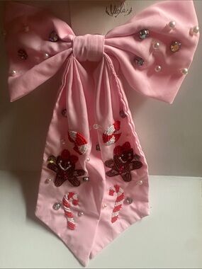 Pink Embellished Kids Hair Bow with Gingerbread & Candy Bead Accents